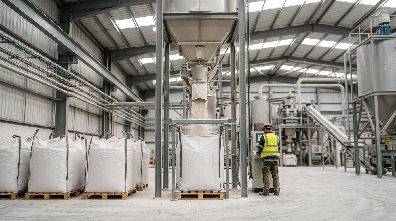 Kaolin clay powder being packed into industrial bulk bags at a processing plant