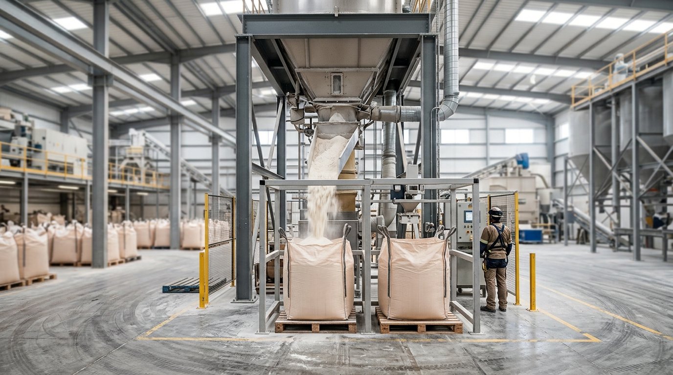 Fine kaolin clay powder being packed for cosmetic and skincare-grade use