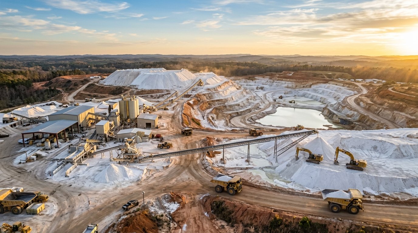 Loader trucks transporting kaolin clay material at mining site