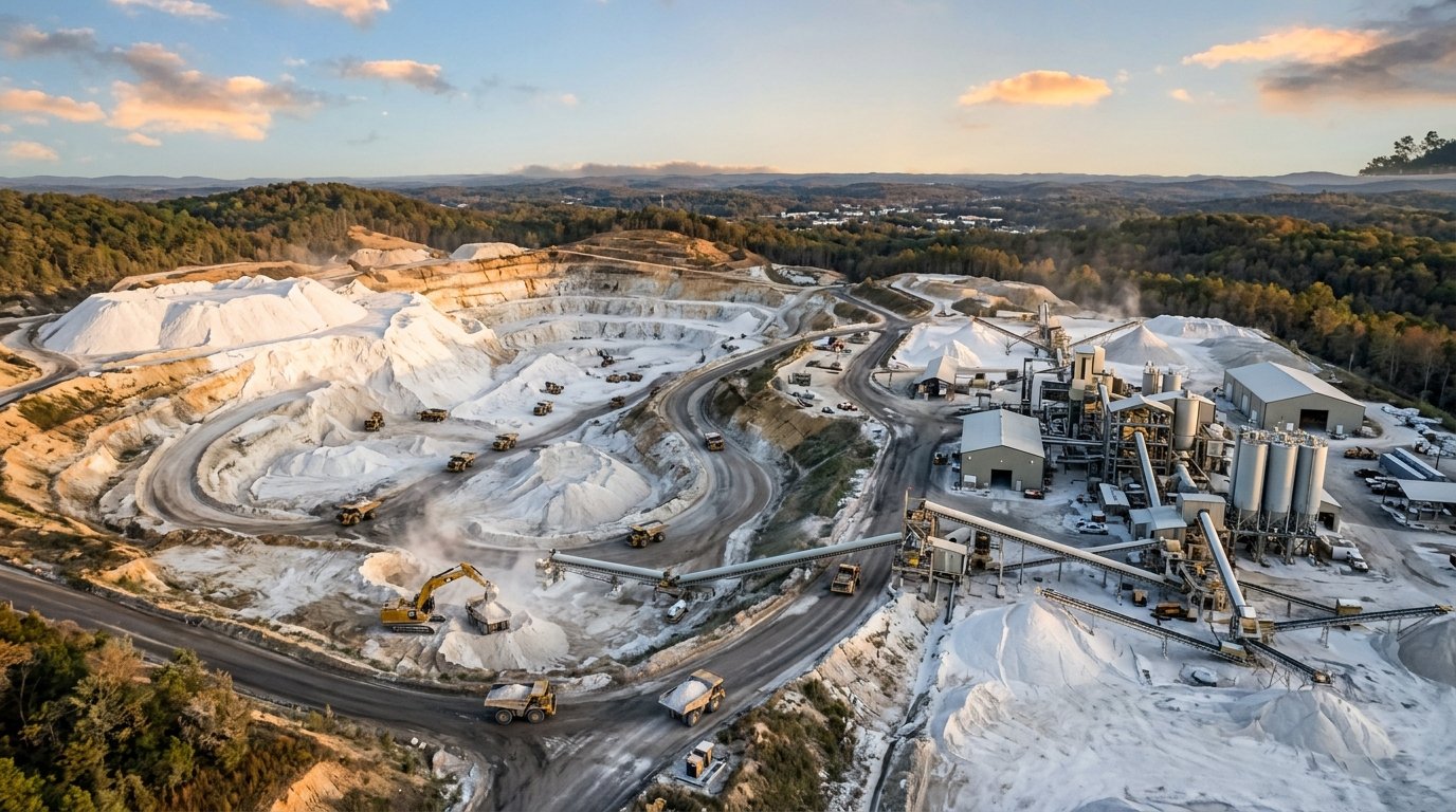 Aerial view of a bentonite mining facility with white clay mounds