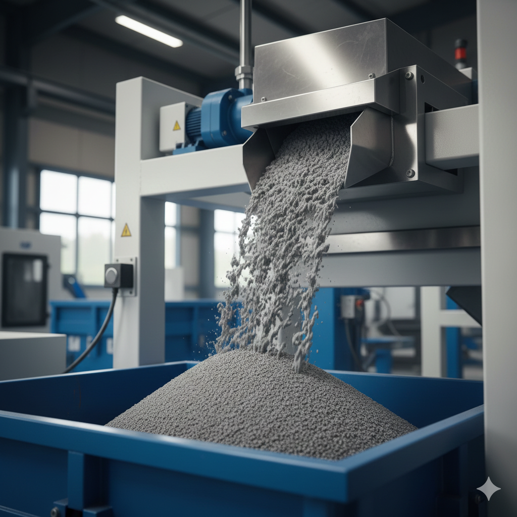 Kaolin powder being dosed into an industrial mixing system for paint formulation